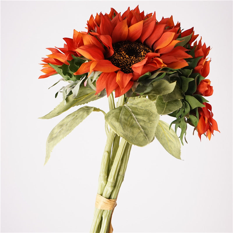 003Rustic Style 5-Stem Bundled Artificial Sunflowers, Fake Sunflower Stems for Floral Arrangement, Floor Decor Ornaments for Shops & Hotels